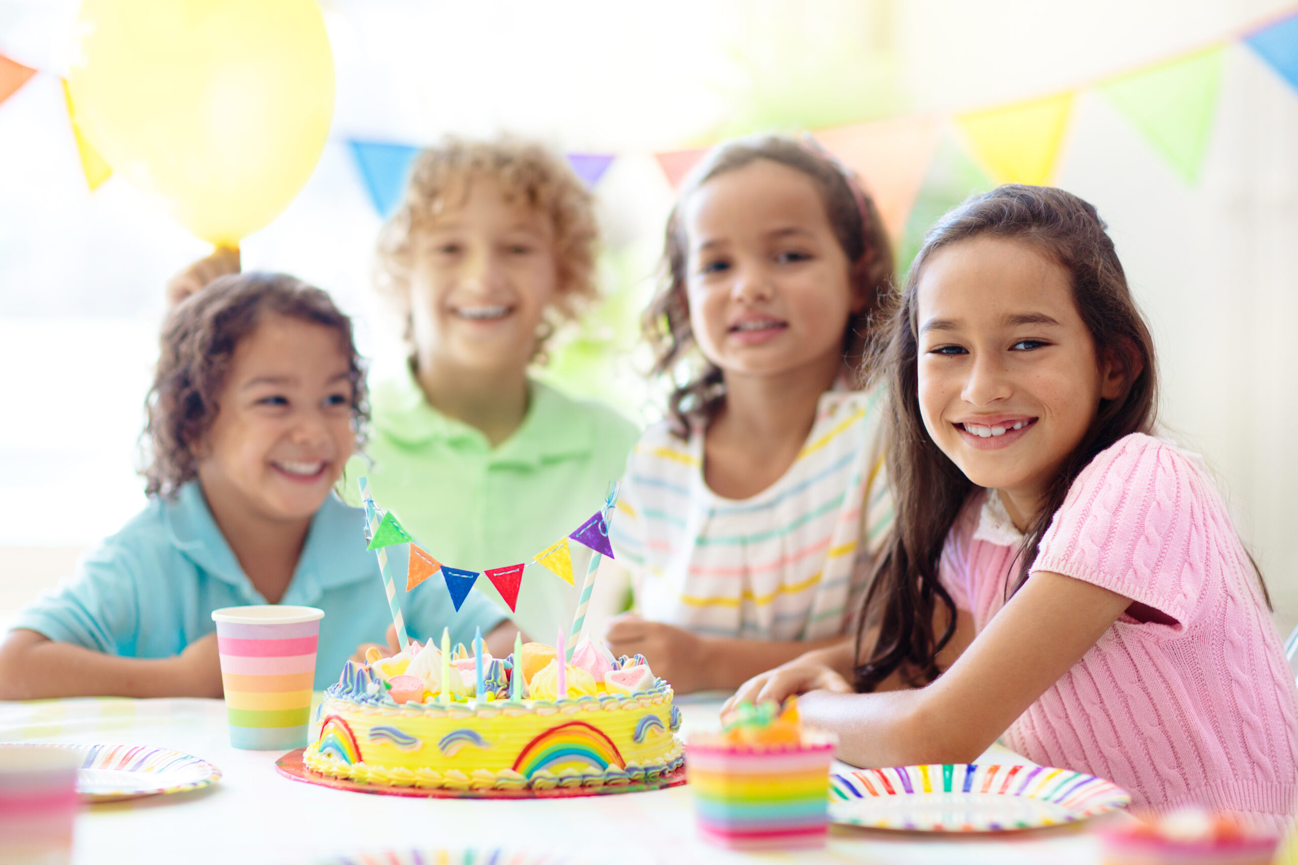 Kids Birthday Party. Children With Cake And Gifts