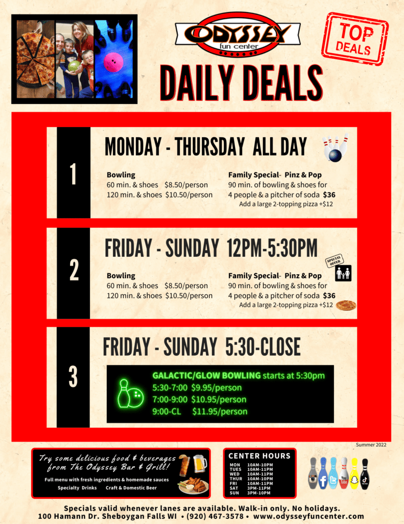 Daily Bowling Deals | Odyssey Fun Center | Sheboygan WI